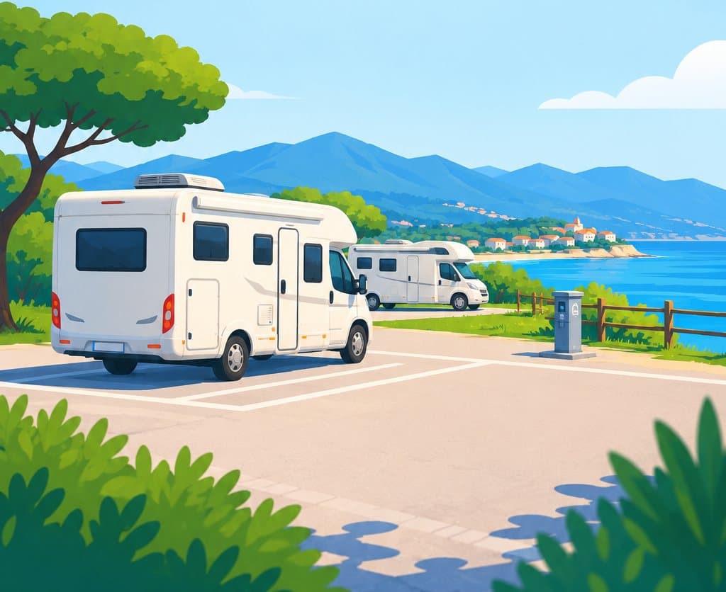 Dos autocaravanas aparcadas junto al mar, con un punto de servicio y montañas al fondo